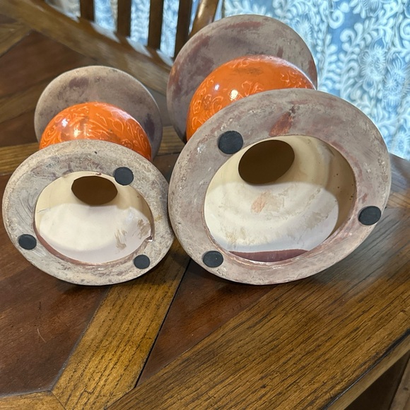 Rustic Ceramic Candle Holders – Set of 2 Orange & Tan Pillar Holders - Picture 2 of 3